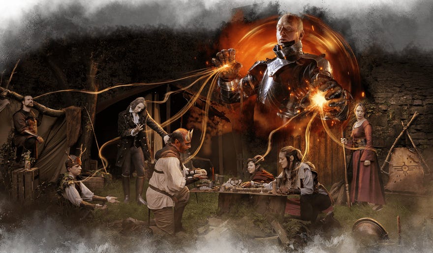 Artwork in which an armoured man holds out his hands to mind-control several fantasy characters beneath him for Baldur’s Gate 3’s Panel From Hell 3 stream