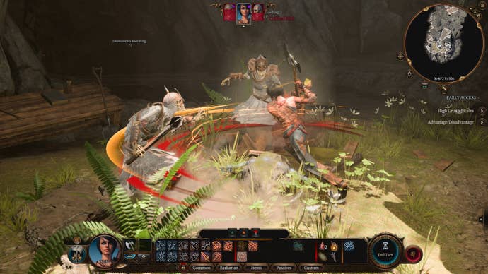 A character swings an axe at enemies while fighting in Baldur’s Gate 3