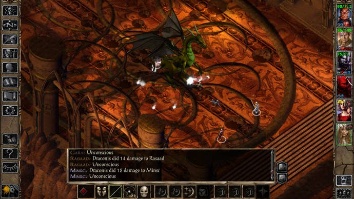Warriors fight a large green dragon in Baldur’s Gate 2: Enhanced Edition