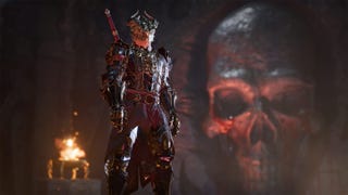 Baldur's Gate 3 official screenshot showing an armoured character against a backdrop of a giant skull and flaming sconce
