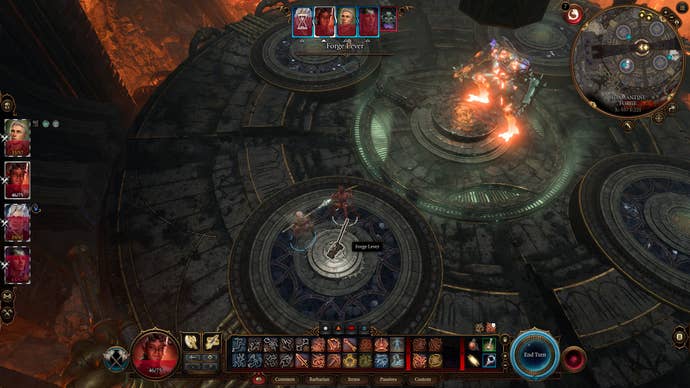 Karlach hitting Grym with a giant hammer in the Adamantine Forge in Baldur's Gate 3