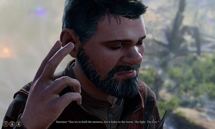 A halfling warlock player character named Aonghas in Baldur’s Gate 3. He’s thinking.