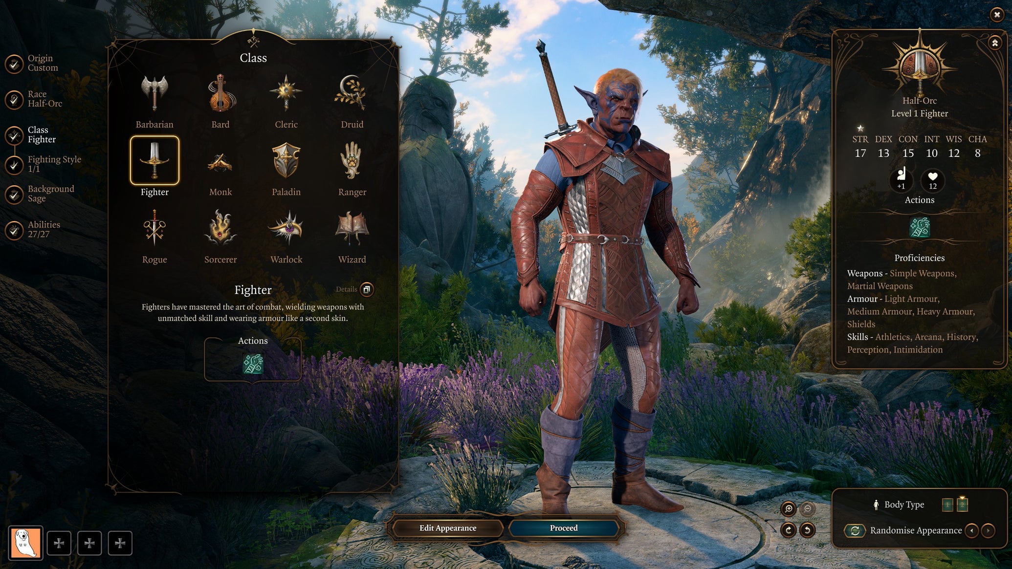 A character creation screen showing a half-orc fighter in Baldur's Gate 3 - 1