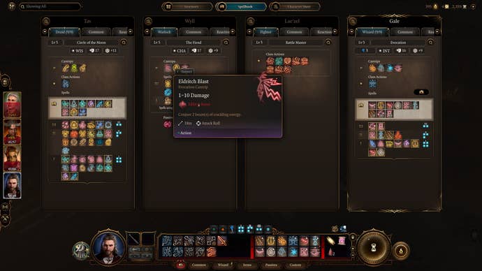 The spell selection screen in Baldur's Gate 3, highlighting the Eldritch Blast spell