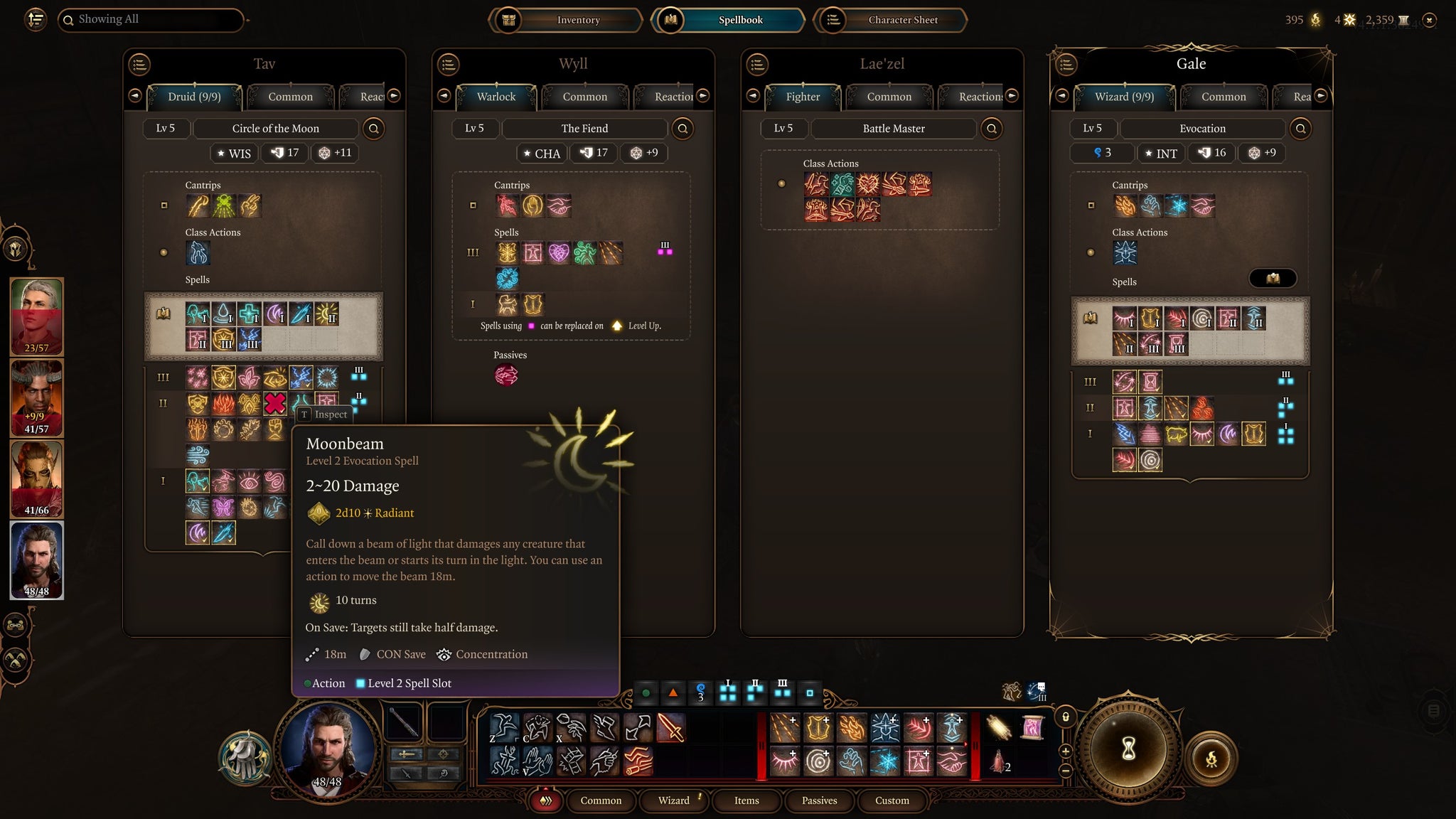 The spell selection screen in Baldur's Gate 3, highlighting the Moonbeam spell - 4