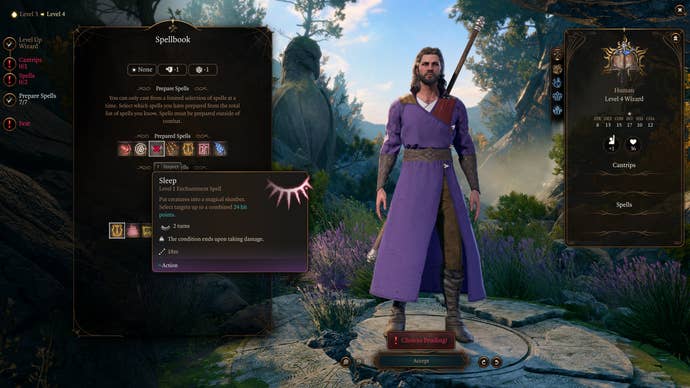 Gale, a wizard in Baldur’s Gate 3, selecting which spells to prepare