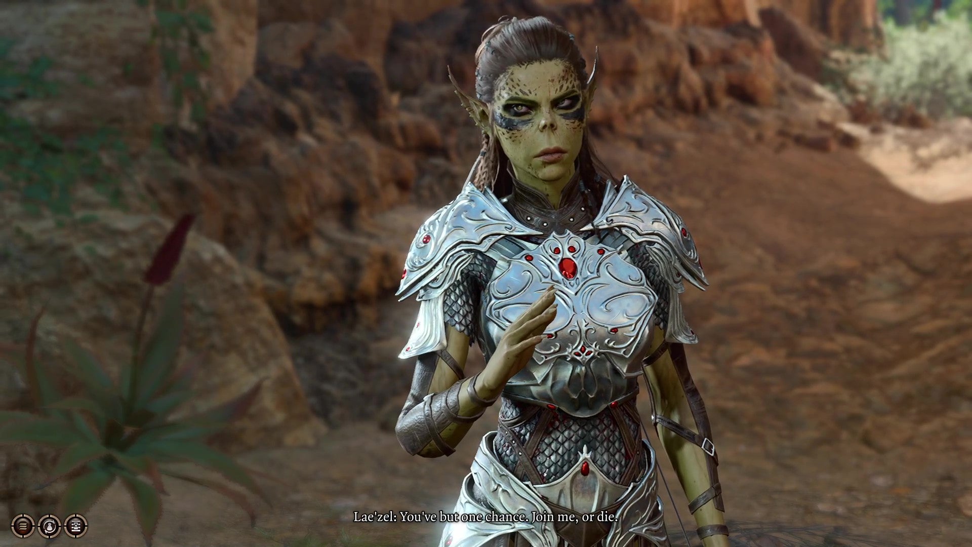 Lae&rsquo;zel bluntly orders the player to join her or die after she is rescued from the Tieflings' trap.