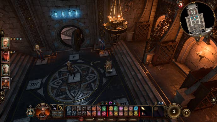 Tav and their party standing on tiles to solve the Counting House puzzle in Baldur's Gate 3.