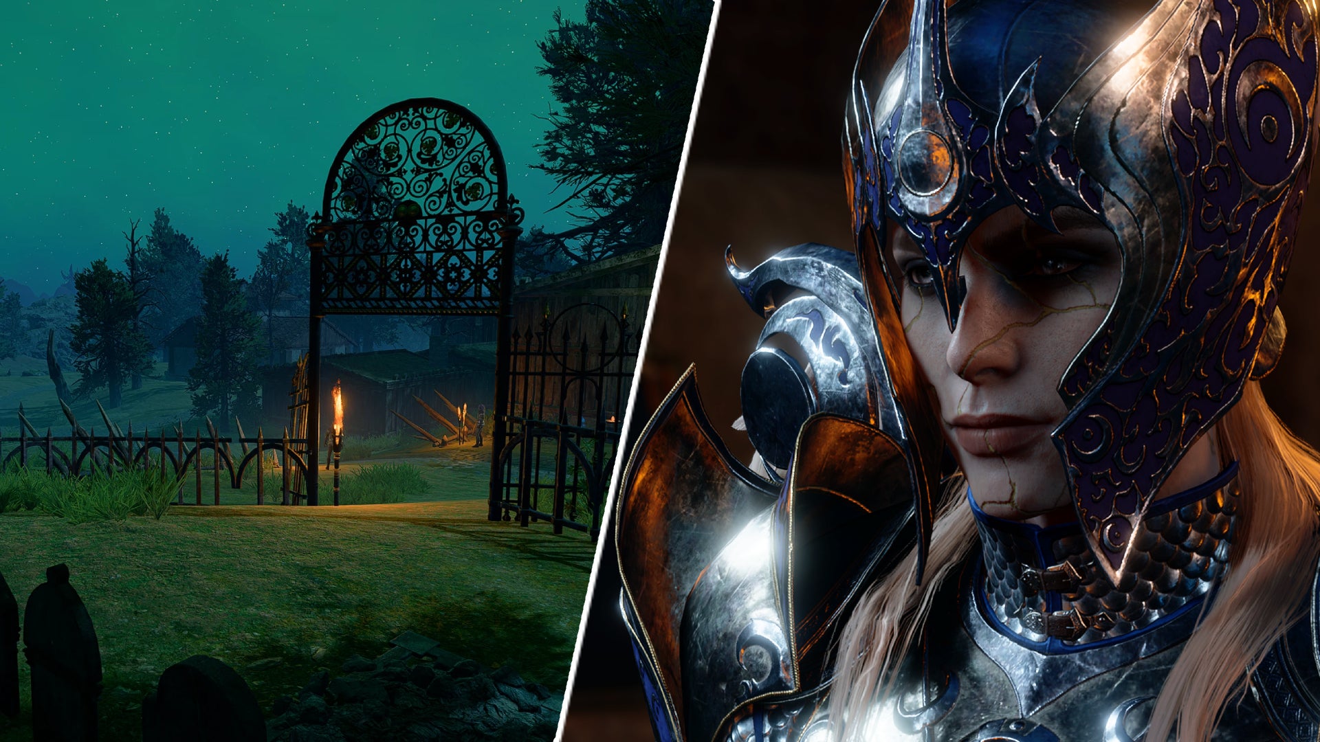 A graveyard in Baldur&rsquo;s Gate 3 custom campaign mod Forsaken next to Dame Aylin from the base game.