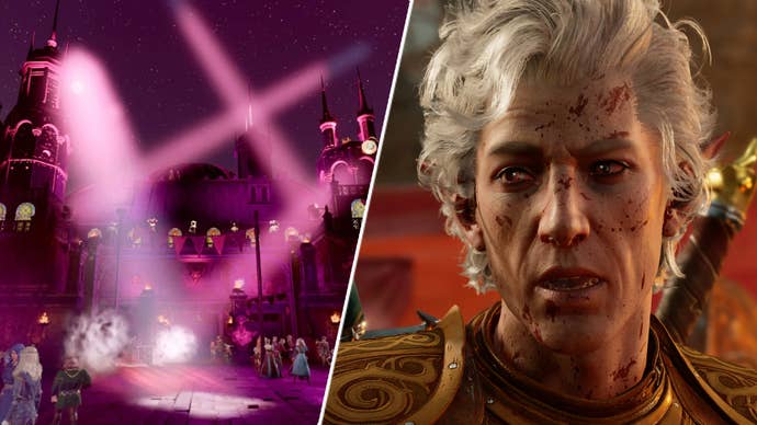 The Grand Theater in Moezillaaa’s Baldur’s Gate 3 custom campaign mod, alongside Astarion looking shook.