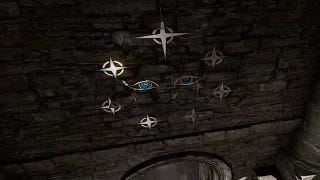 Baldur's Gate 3 Moon Puzzle: Two stylized eyes sit in hte middle of seven shining painted stars on a stone wall