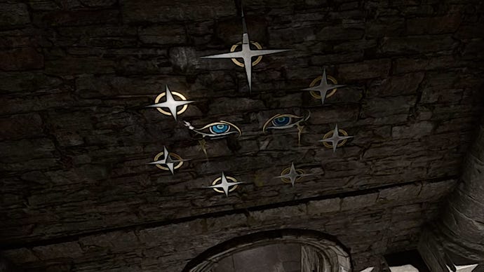 Baldur's Gate 3 Moon Puzzle: Two stylized eyes sit in hte middle of seven shining painted stars on a stone wall