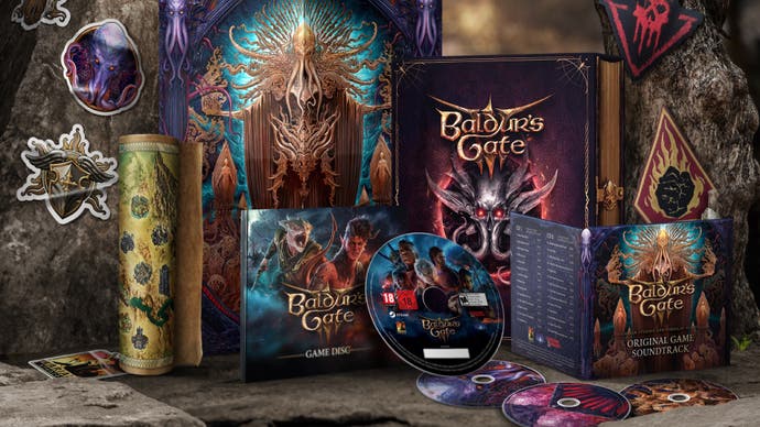 A promotional photo showing the PC version of Baldur's Gate 3's physical Deluxe Edition, alongside all its included goodies.