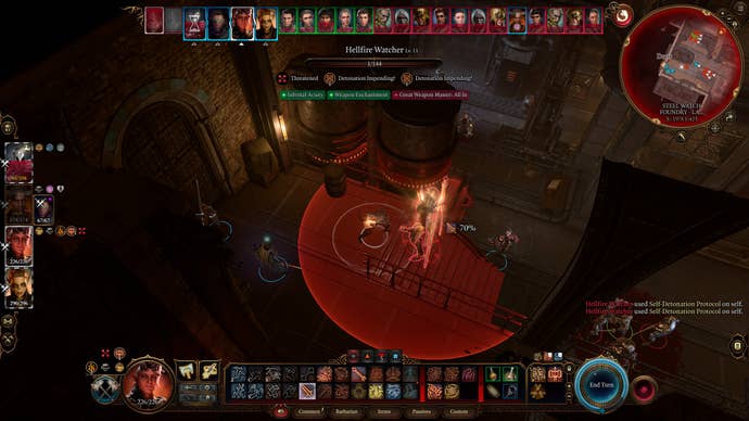 Tav and their party fighting a Hellfire Watcher in the Steel Watch factory in Baldur's Gate 3.