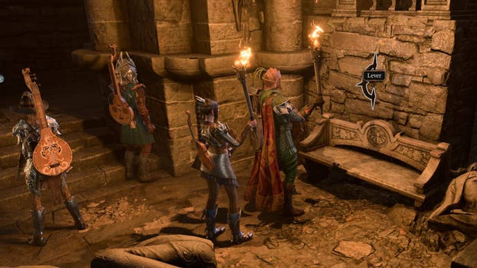 A team stands near the lever in the Defiled Temple in Baldur’s Gate 3.