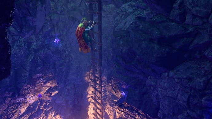 A character in Baldur’s Gate 3 makes their way through the Defiled Temple passage into the Underdark.