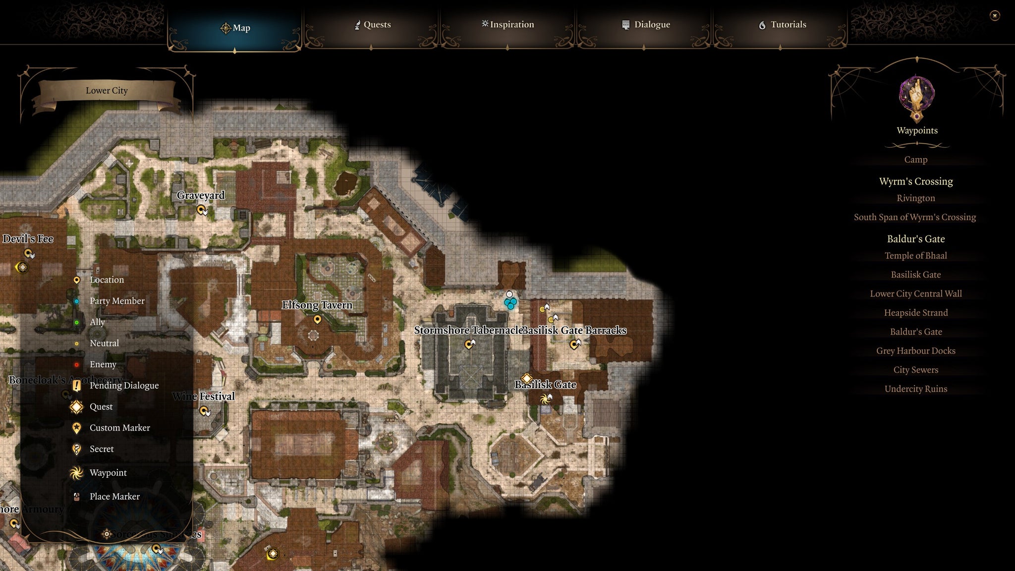 A map screen showing the location of Dribbles the Clown's pelvis in Baldur's Gate 3. - 5