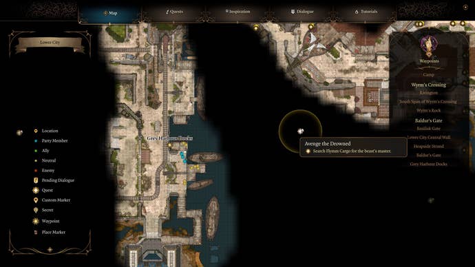 A map screen showing the location of Flymm's Cargo in Baldur's Gate 3.