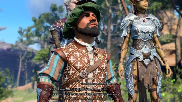 Edders Sheeran the bard, whose about to tell Shadow Heart he yearns to kill in Baldur’s Gate 3.