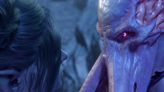 A character getting intimate with The Emperor in Baldur’s Gate 3.