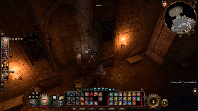 Tav uncovering a hidden button to unlock the Emperor's hideout in Baldur's Gate 3.