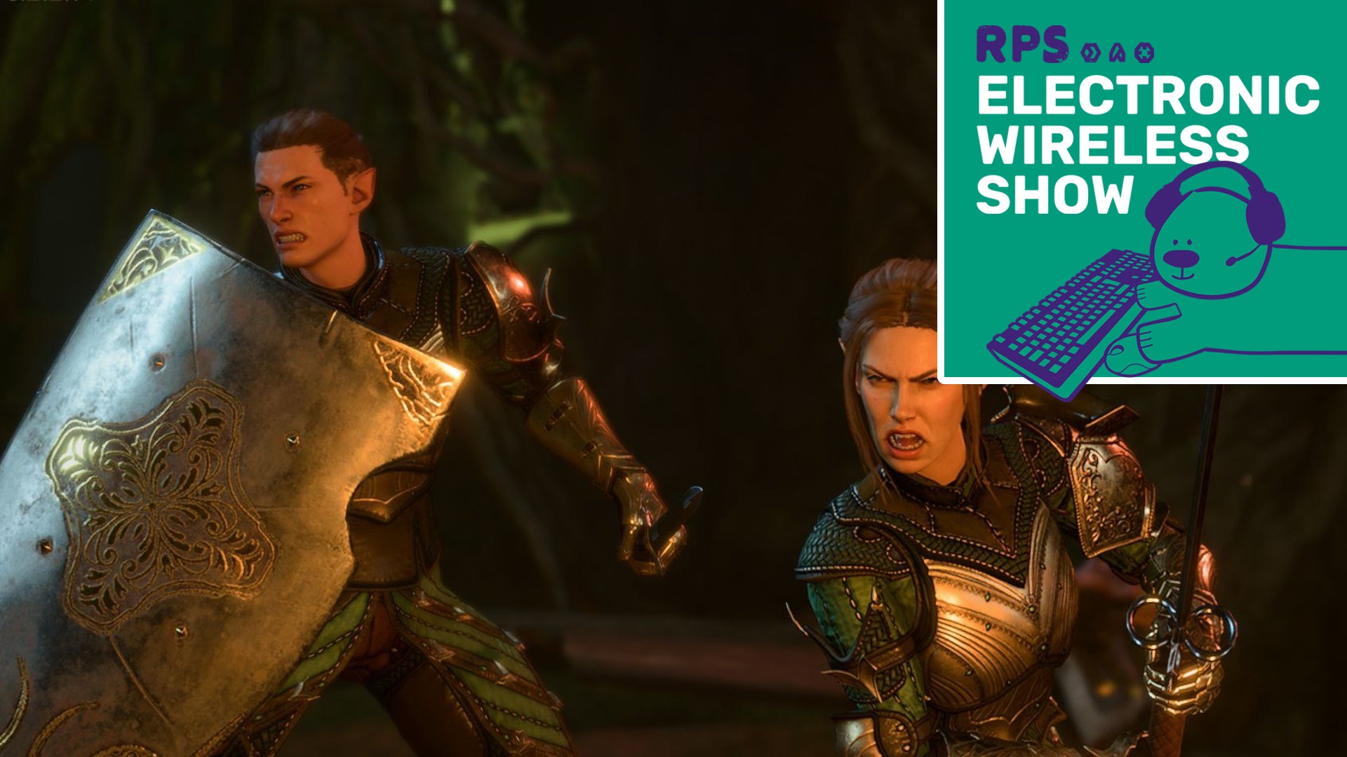 A half-elf and elf warrior clad in half plate and wielding swords and a tower shield charge toward the camera in Baldur's Gate 3. The square green Electronic Wireless Show podcast is in the top right corner