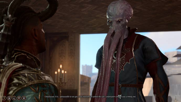 Wyll speaking to Omeluum at the Society of Brilliance lodge in Baldur’s Gate 3.