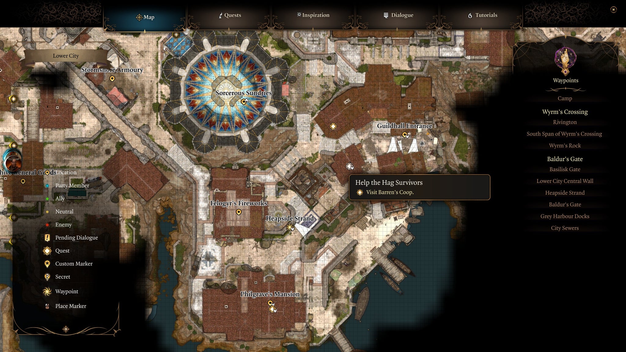 A map screen showing the location of the hag survivors group in Baldur's Gate 3. - 4