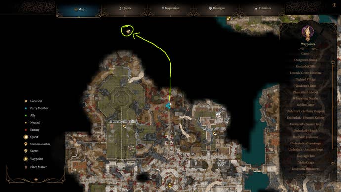 A map screen showing the location of the Gauntlet of Shar in Baldur's Gate 3