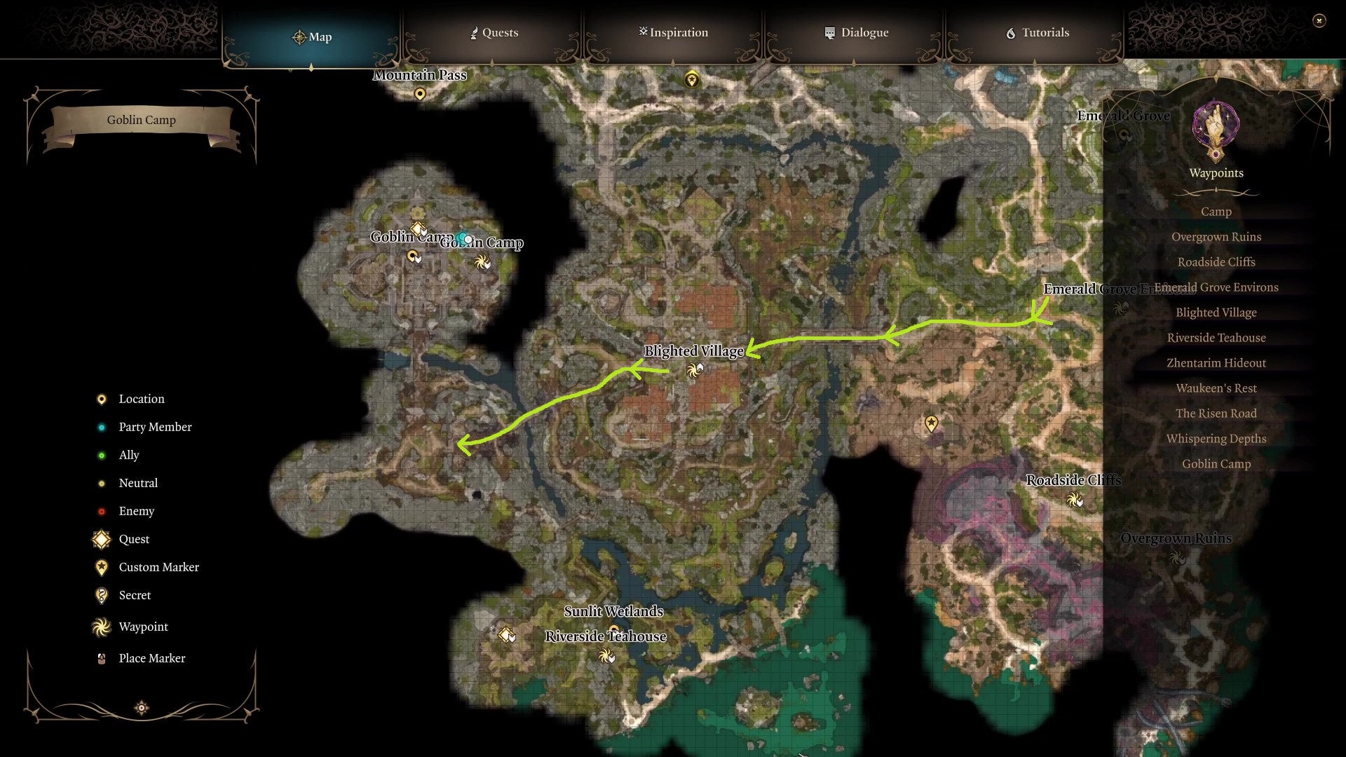 An annotated map showing the route from Emerald Grove to the Goblin Camp via the Blighted Village in Baldur's Gate 3. - 3