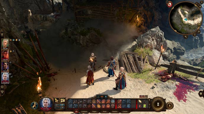 Tav and their party disarming traps on a beach in Baldur's Gate 3.