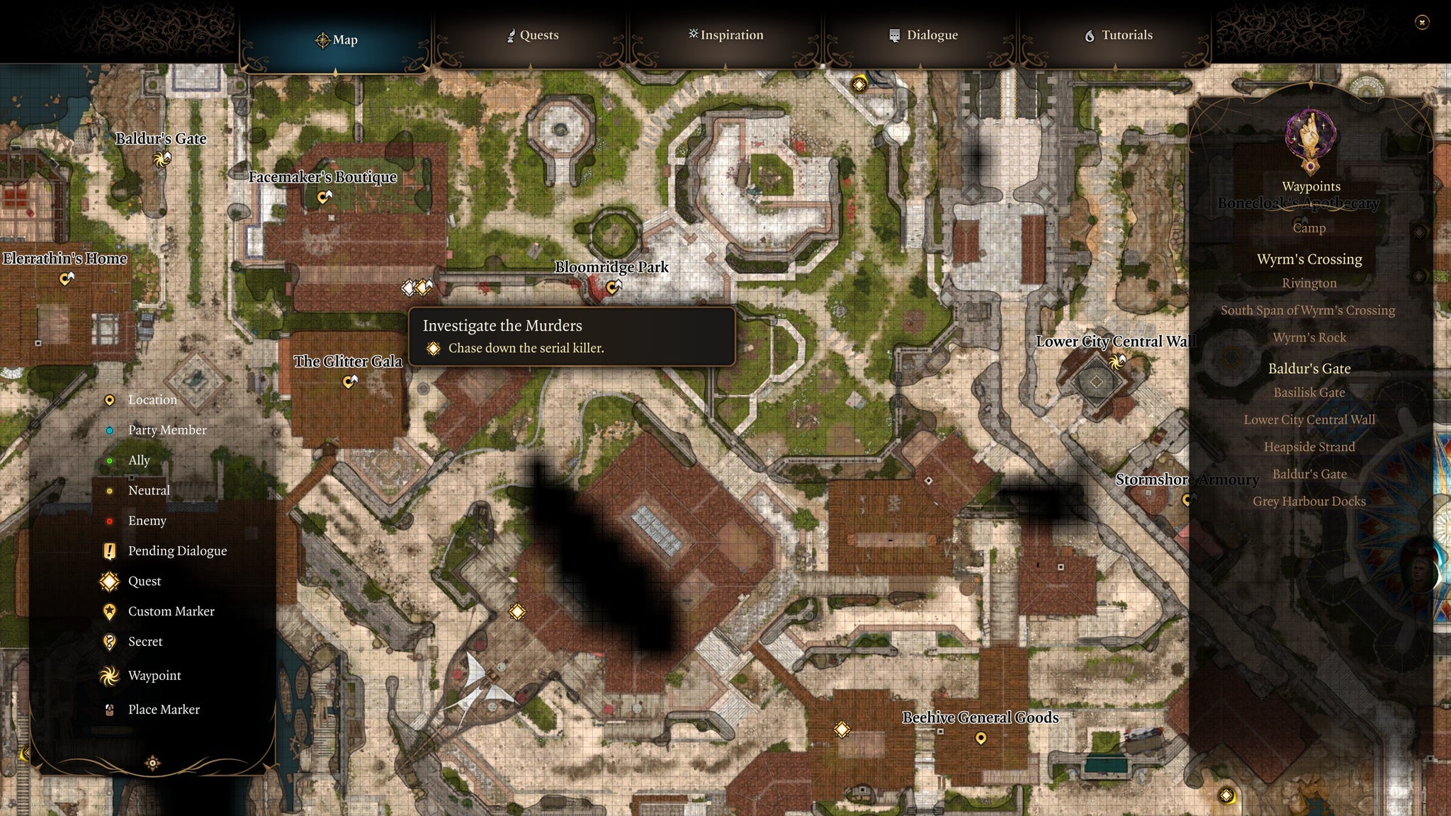 A map screen showing the location of a murder victim in Baldur's Gate 3. - 6