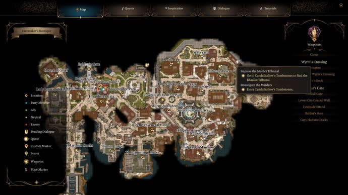 A map screen showing the location of the Murder Tribunal in Baldur's Gate 3.