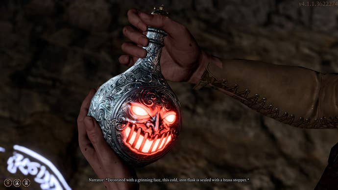 Astarion holding the mysterious Iron Flask from the missing shipment in Baldur’s Gate 3