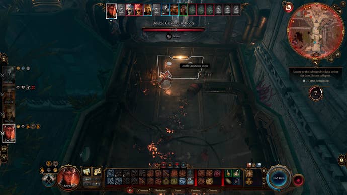 Karlach destroying a door blocking some cells in the Iron Throne prison in Baldur's Gate 3.