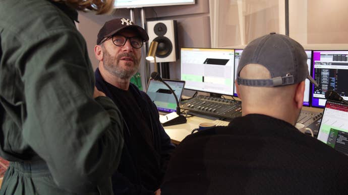 A photo of Jason Isaacs behind the scenes as he voices a Baldur’s Gate 3 character.