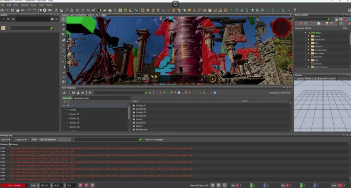 A screenshot of the level editing tool for Baldur’s Gate 3, with one window showing many environmental assets.