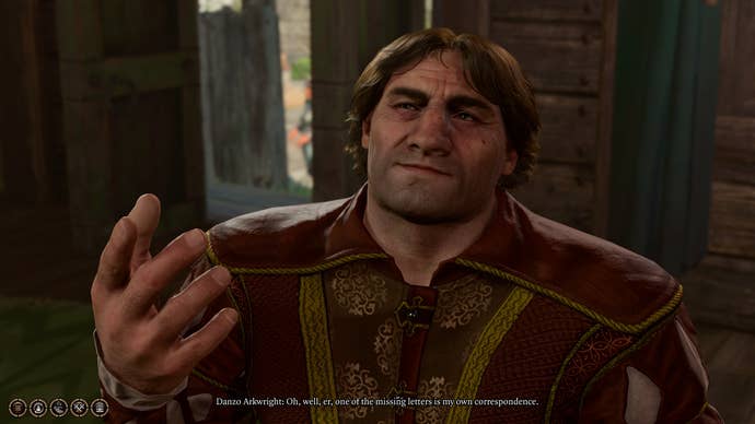Tav speaking to the post master Danzo about missing letters in Baldur’s Gate 3.