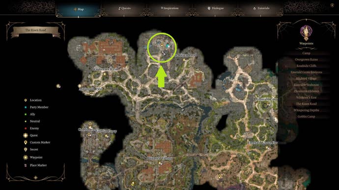 An annotated map showing the location of the Missing Shipment in the northern part of the map in Baldur's Gate 3.