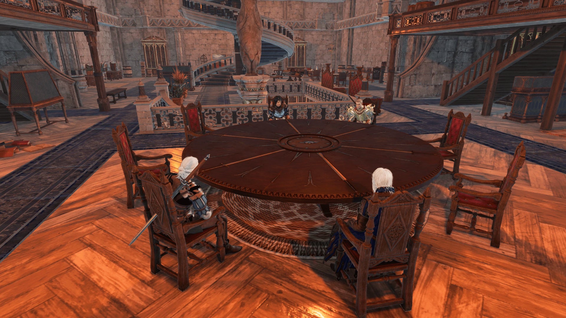 Some characters sitting around a table in Baldur's Gate 3 custom campaign mod Return to Candlekeep. - 1