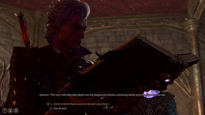 Astarion reading the Necromancy of Thay after unlocking its secrets with the Tharchiate Codex