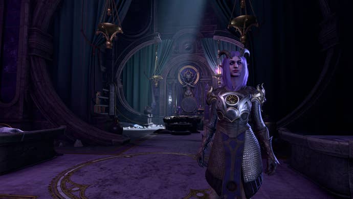 Nocturne, a purple-haired Tiefling from Baldur’s Gate 3, standing in a hallway