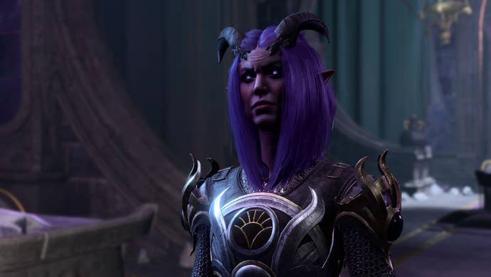 Nocturne, a Tiefling from Baldur’s Gate 3 with purple hair and skin, in armour showing she’s a follower of Shar