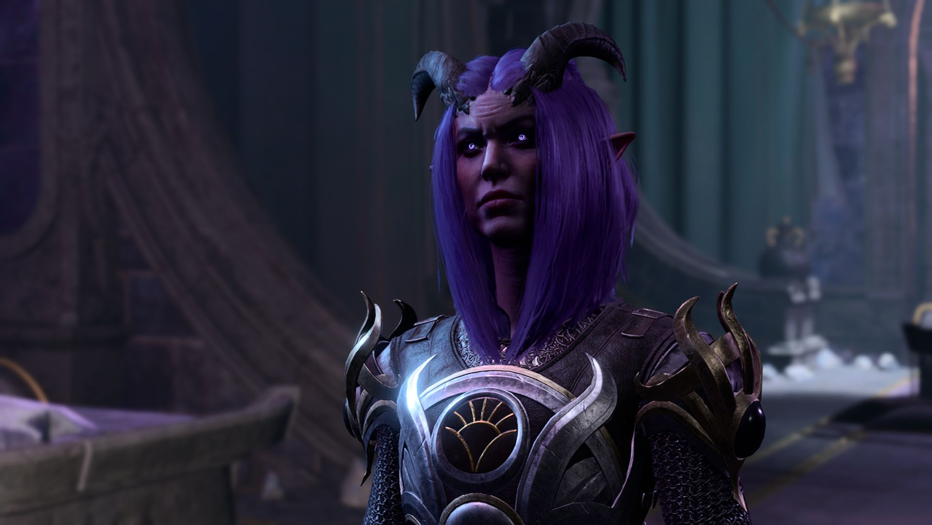 Nocturne, a Tiefling from Baldur's Gate 3 with purple hair and skin, in armour showing she's a follower of Shar - 1