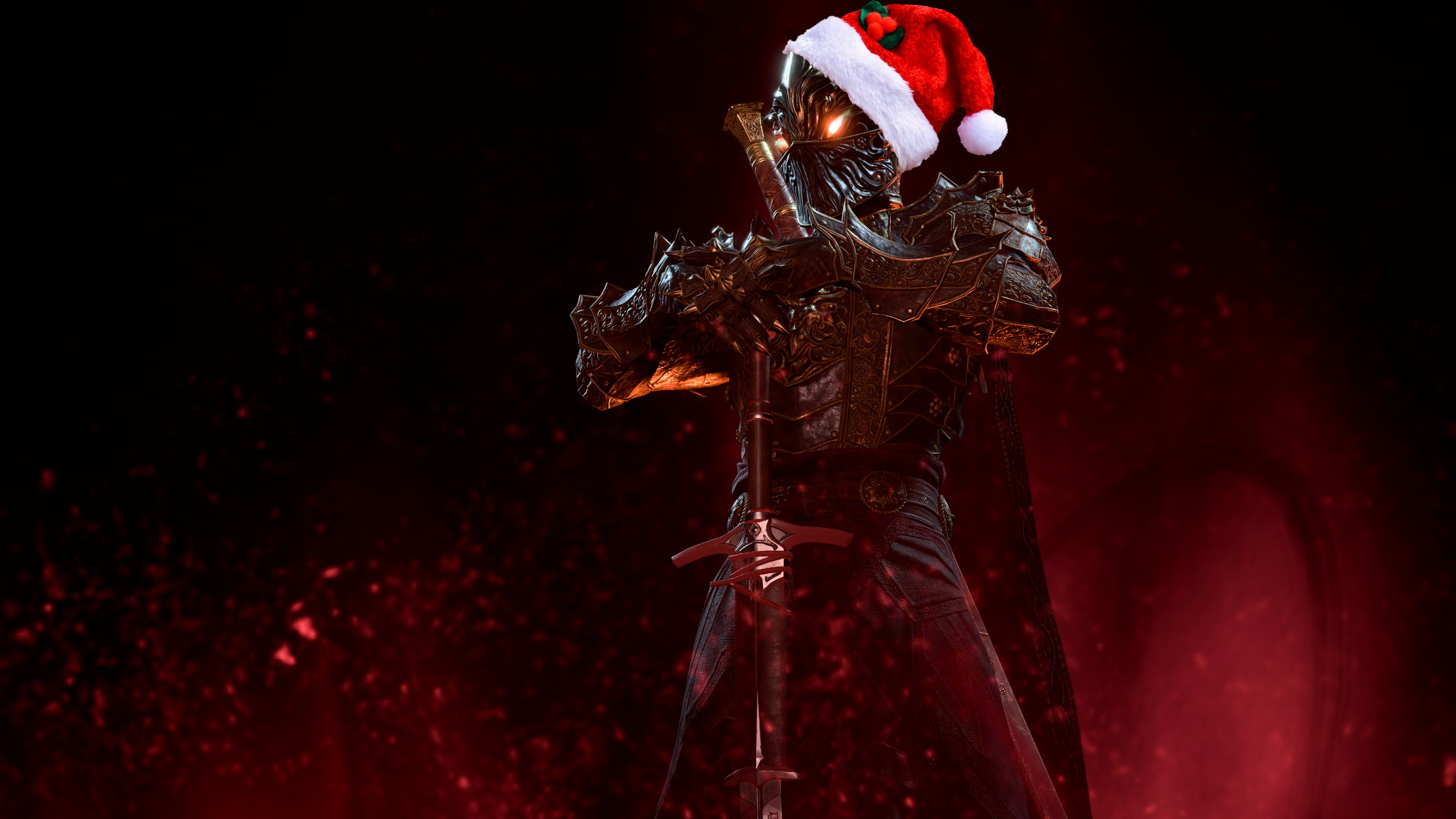An evil Oathbreaker knight from Baldur&rsquo;s Gate 3, wearing a nice lil Santa hat