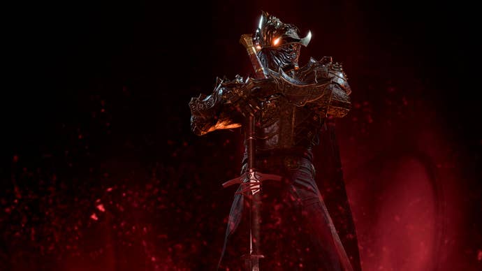 Baldur’s Gate 3 image showing the oathbreaker paladin standing by a sword, with hazy red smoke behind them.