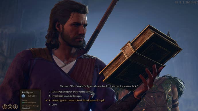 Gale trying to open the Book of Dead Gods in Baldur's Gate 3