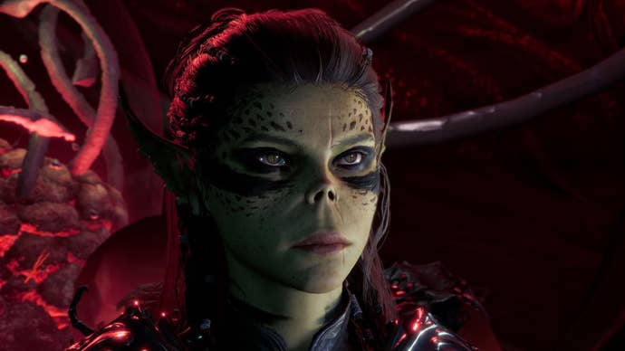 Baldur’s Gate 3 party composition: A reptilian woman with painted eyes and red lips is standing in front of a mass of tentacles