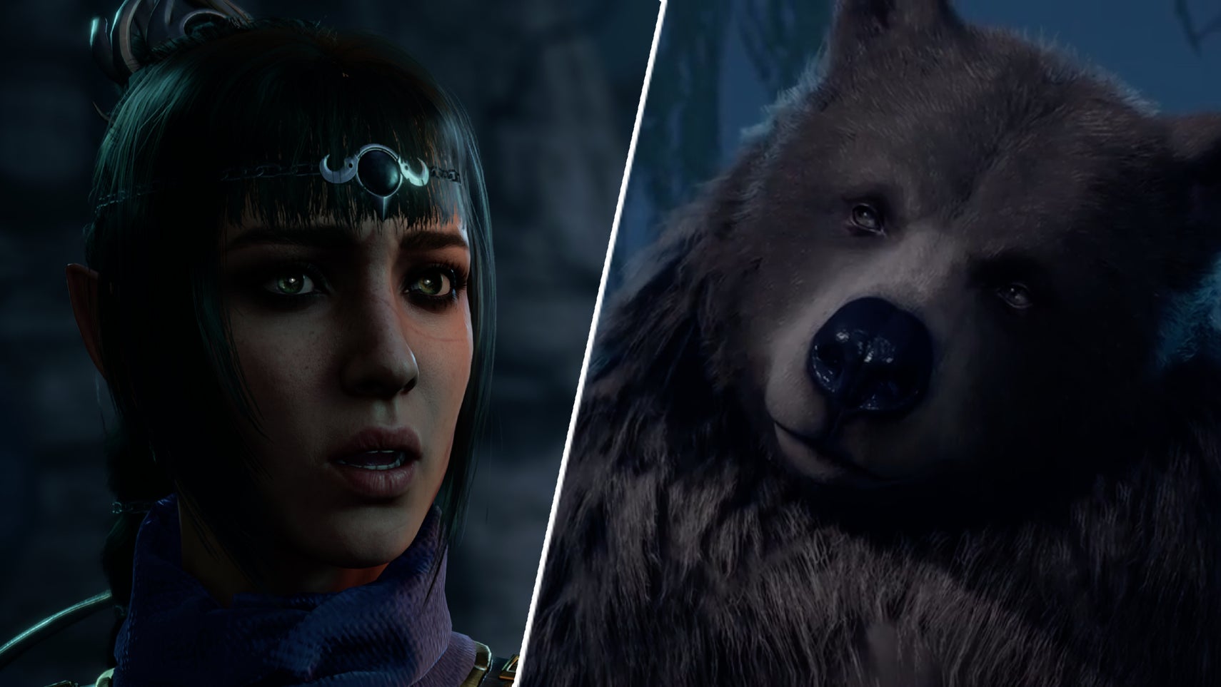 Halsin in bear form in Baldur's Gate 3 and Shadowheart looking shocked. - 1