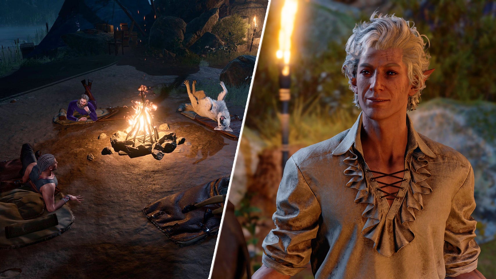 Astarion in Baldur's Gate 3 opposite some companions sitting around a campfire. - 1